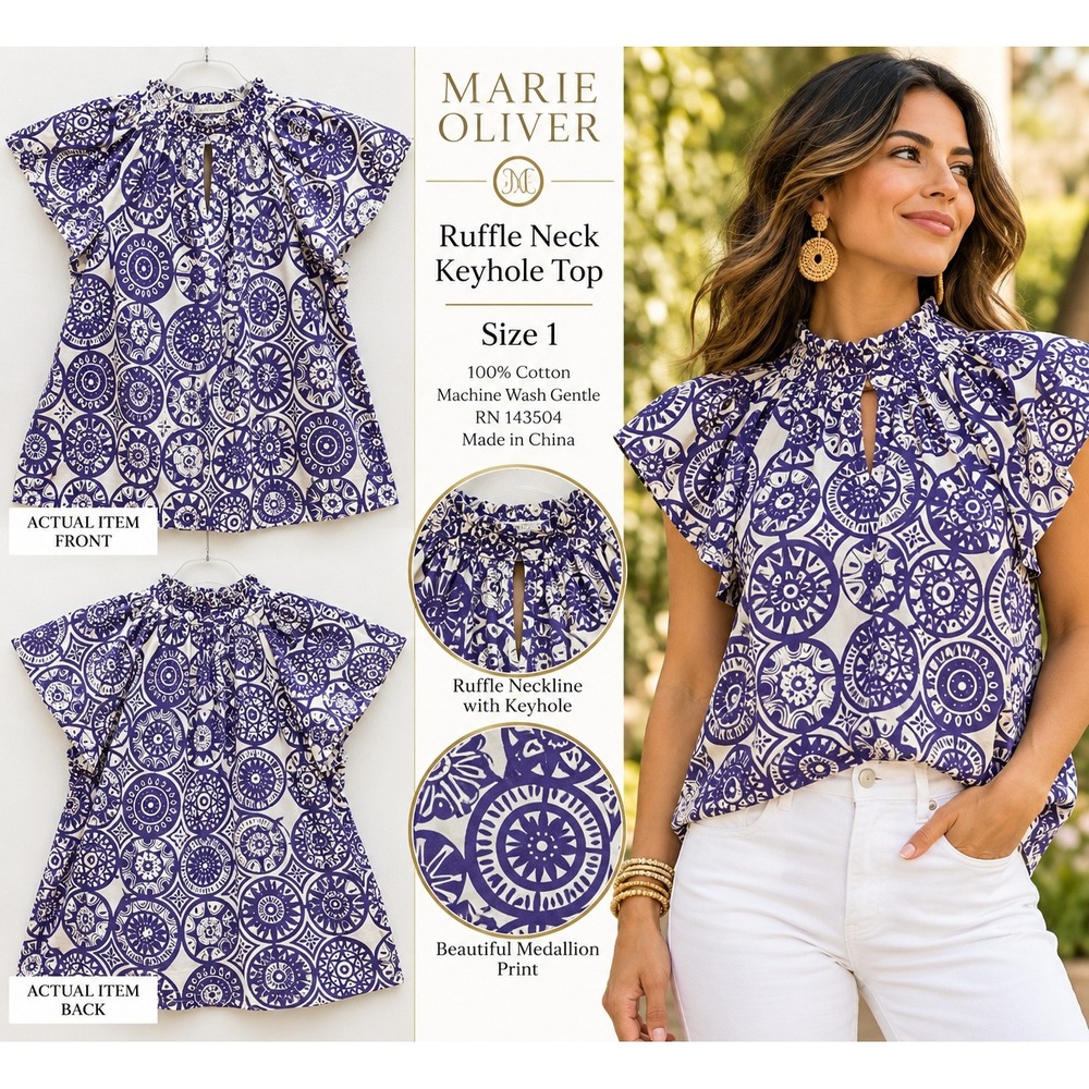 Marie Oliver Ruffle Neck Top Womens Medallion Print Purple Size 1 Excellent Boho